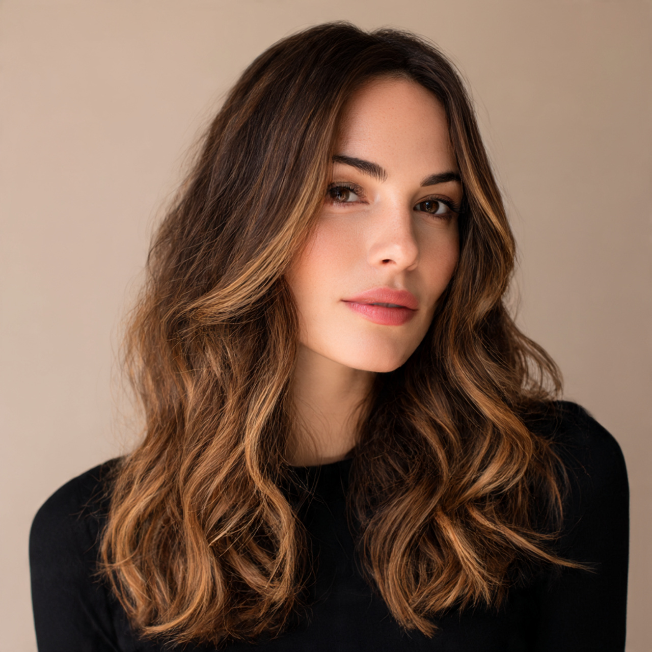Warm Caramel Balayage: The Glossy Hair Trend Everyone’s Falling For 1 a brunette woman with shoulder length hair featuring