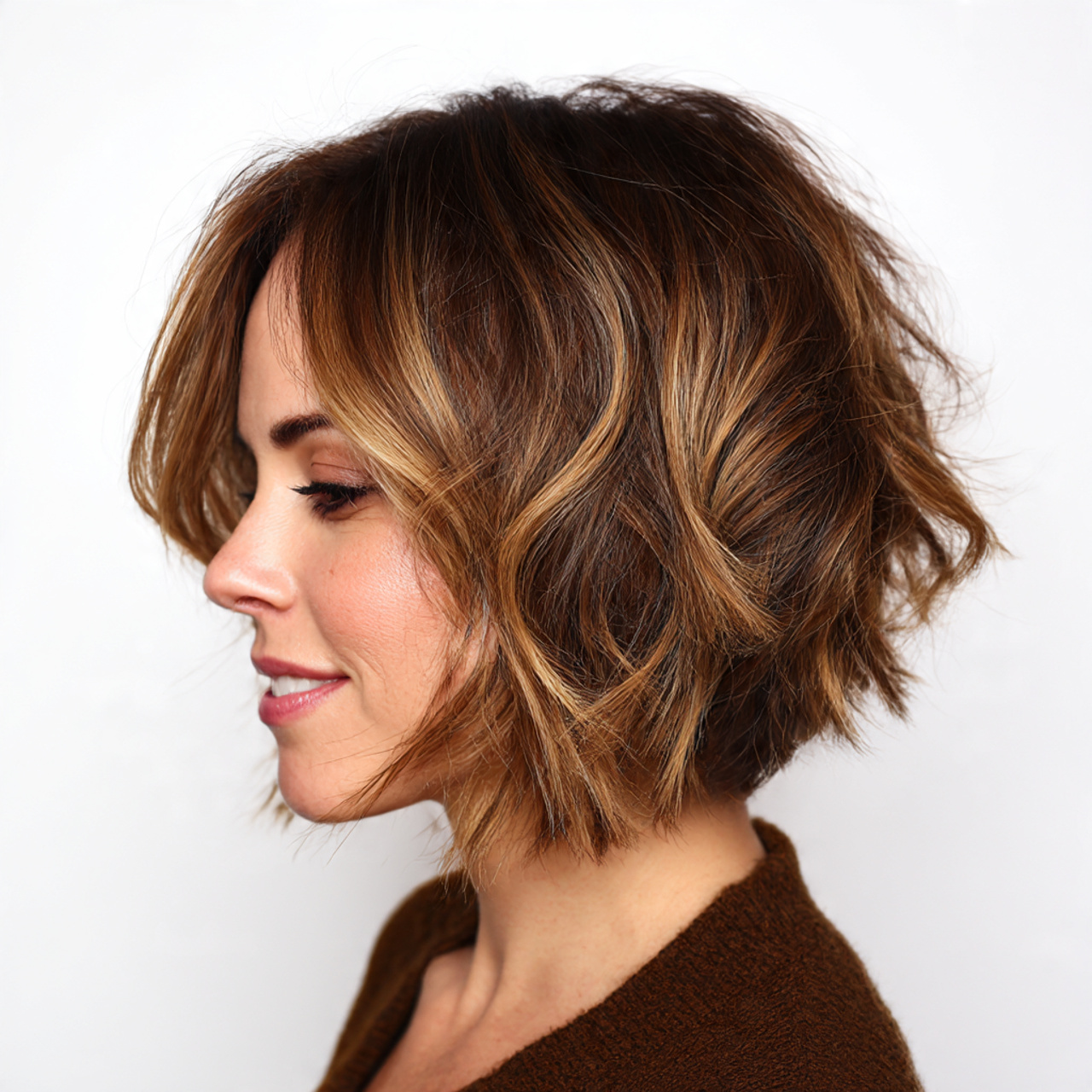 Warm Caramel Balayage: The Glossy Hair Trend Everyone’s Falling For 6 a stylish woman with a chin length bob