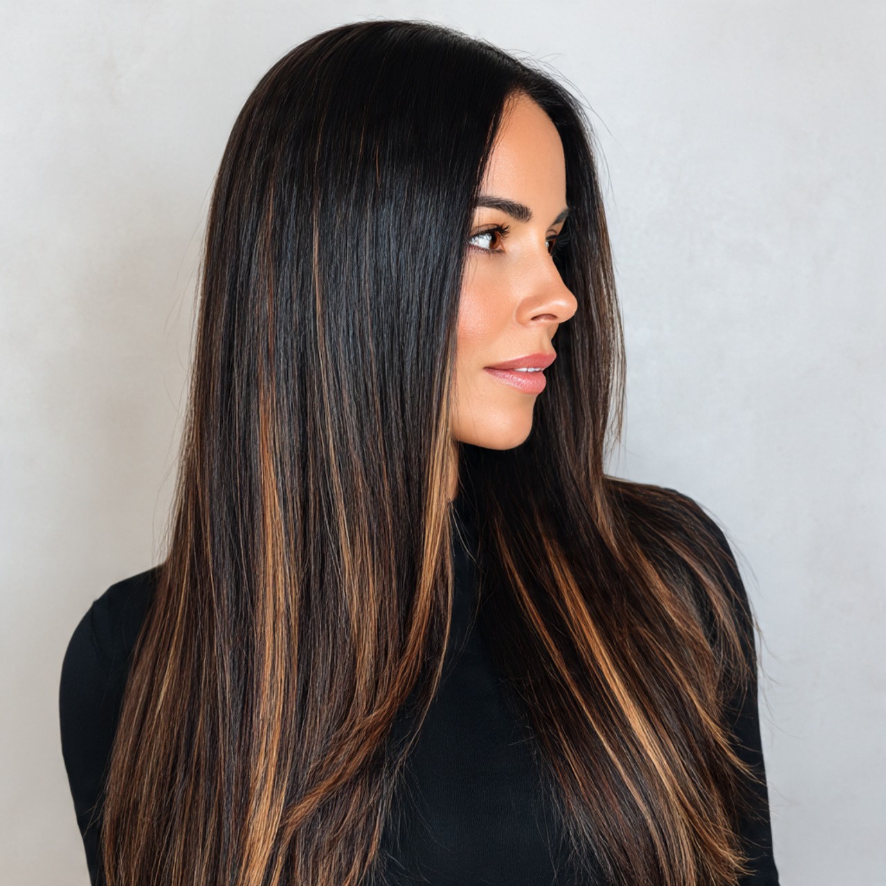 Warm Caramel Balayage: The Glossy Hair Trend Everyone’s Falling For 2 a woman with long black hair showcasing 1