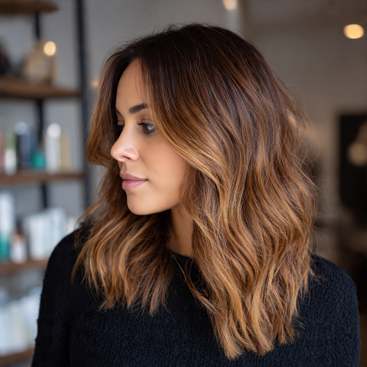 Warm Caramel Balayage: The Glossy Hair Trend Everyone’s Falling For 13 medium length hair with rooted warm caramel balayage