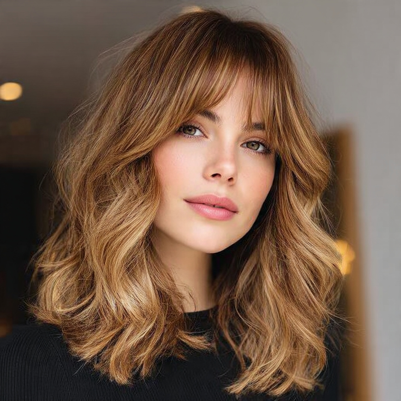 Warm Caramel Balayage: The Glossy Hair Trend Everyone’s Falling For 10 medium length hair with warm caramel balayage curtain