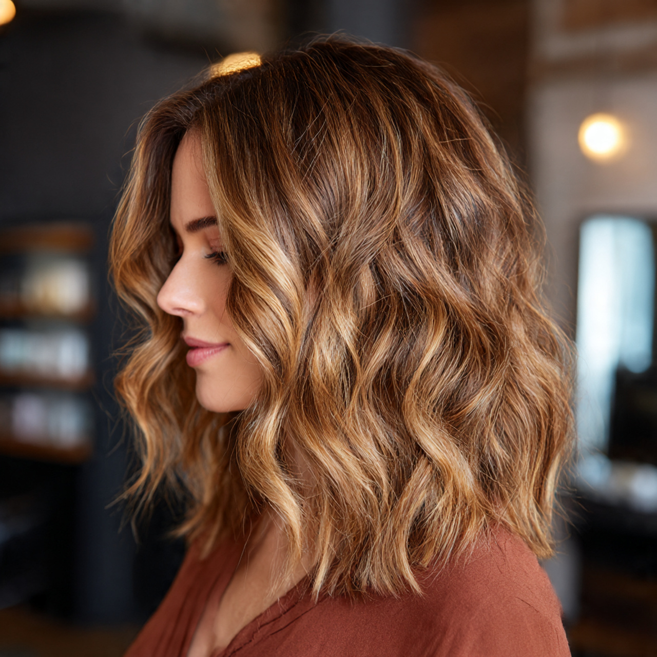 Warm Caramel Balayage: The Glossy Hair Trend Everyone’s Falling For 8 woman with shoulder length wavy hair warm caramel