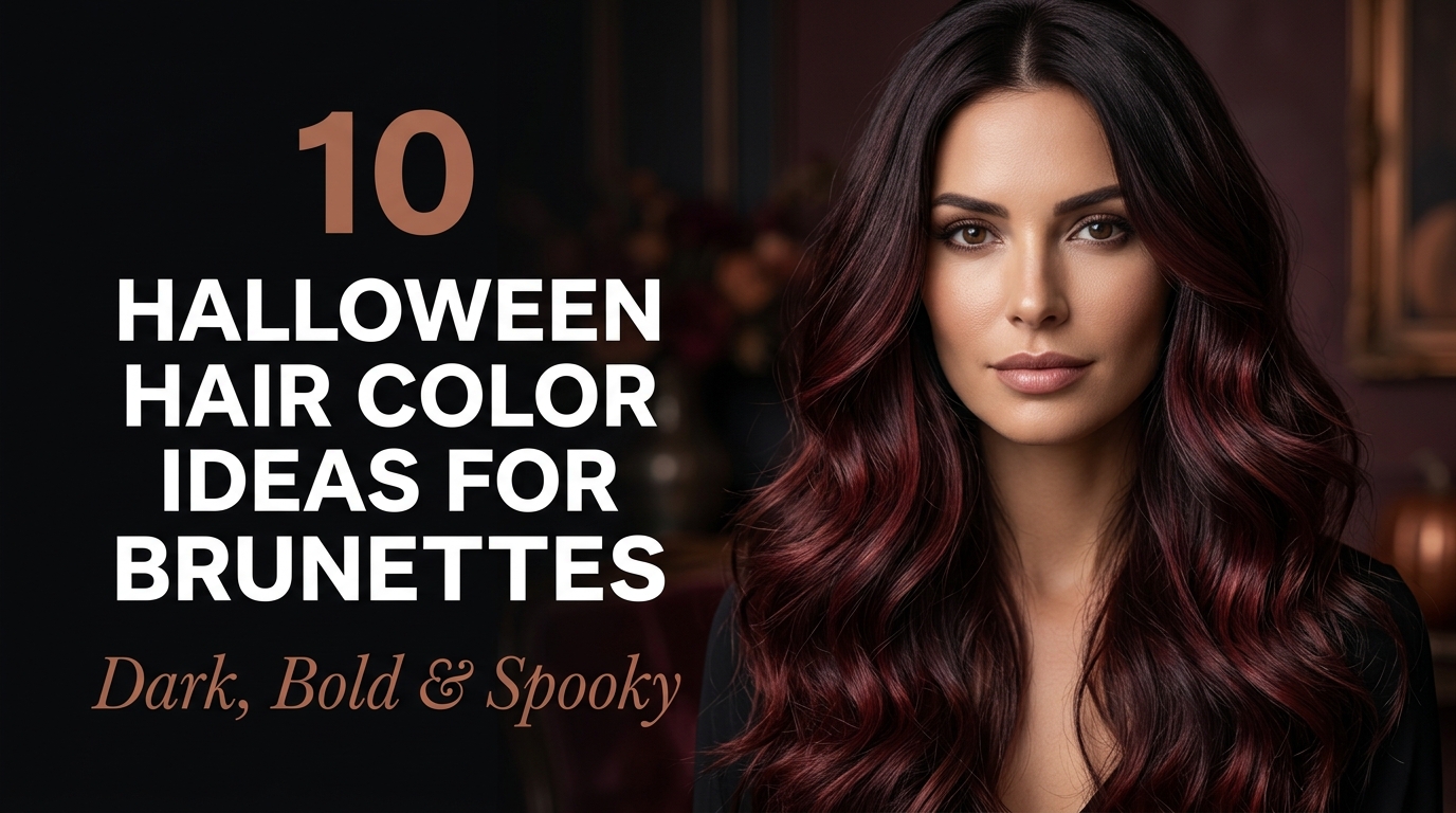 10 Halloween hair color ideas for brunettes featuring burgundy, cherry red, purple, copper, black cherry, and other dark festive shades.