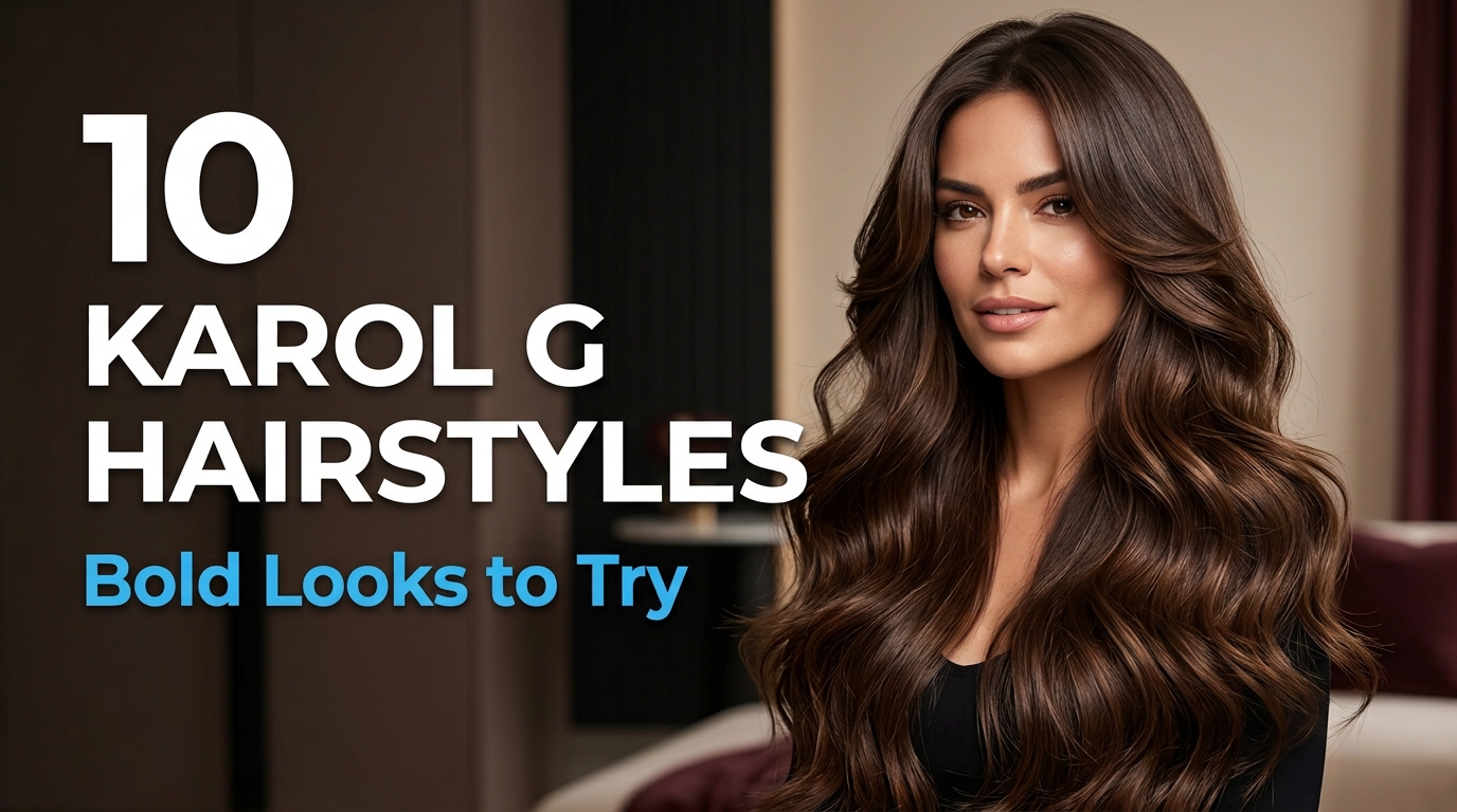 10 Karol G Hairstyles to Try for a Bold, Trendy Look 1 10 Karol G hairstyles featuring long waves, layered hair, bold colors, sleek styles, ponytails, and curtain bangs.