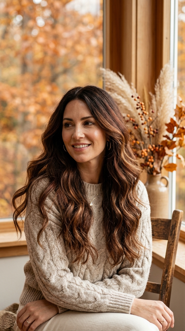 Long brunette hair with rich chestnut brown balayage and subtle autumn-inspired warmth.