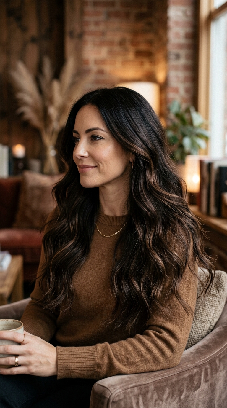Long dark brunette hair with subtle deep mocha balayage and natural dimensional tones.