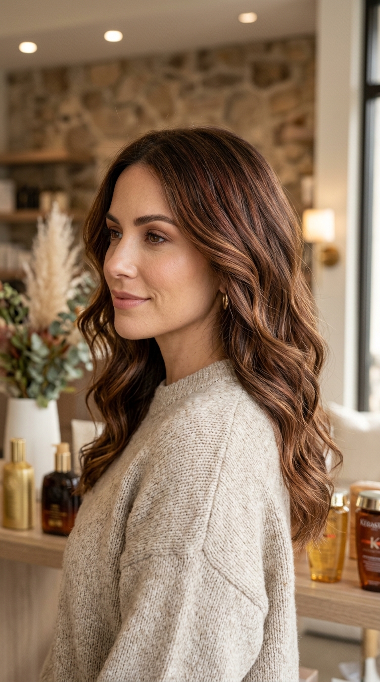 Fall Hair Color for Oval Face With Highlights: 8 Beautiful Ideas 4 Medium brown hair with warm chestnut highlights and dimensional waves for an oval face.