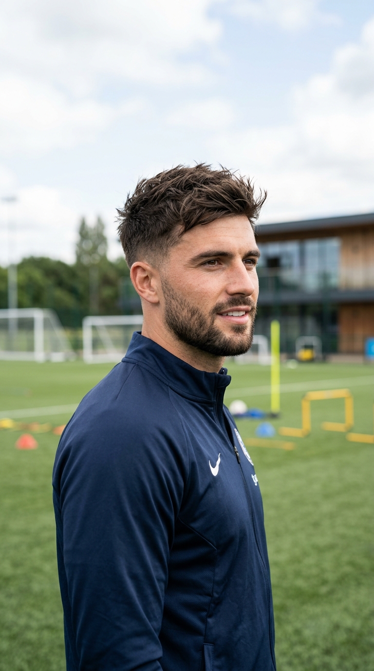 Modern David Beckham-inspired short textured crop for footballers and men.