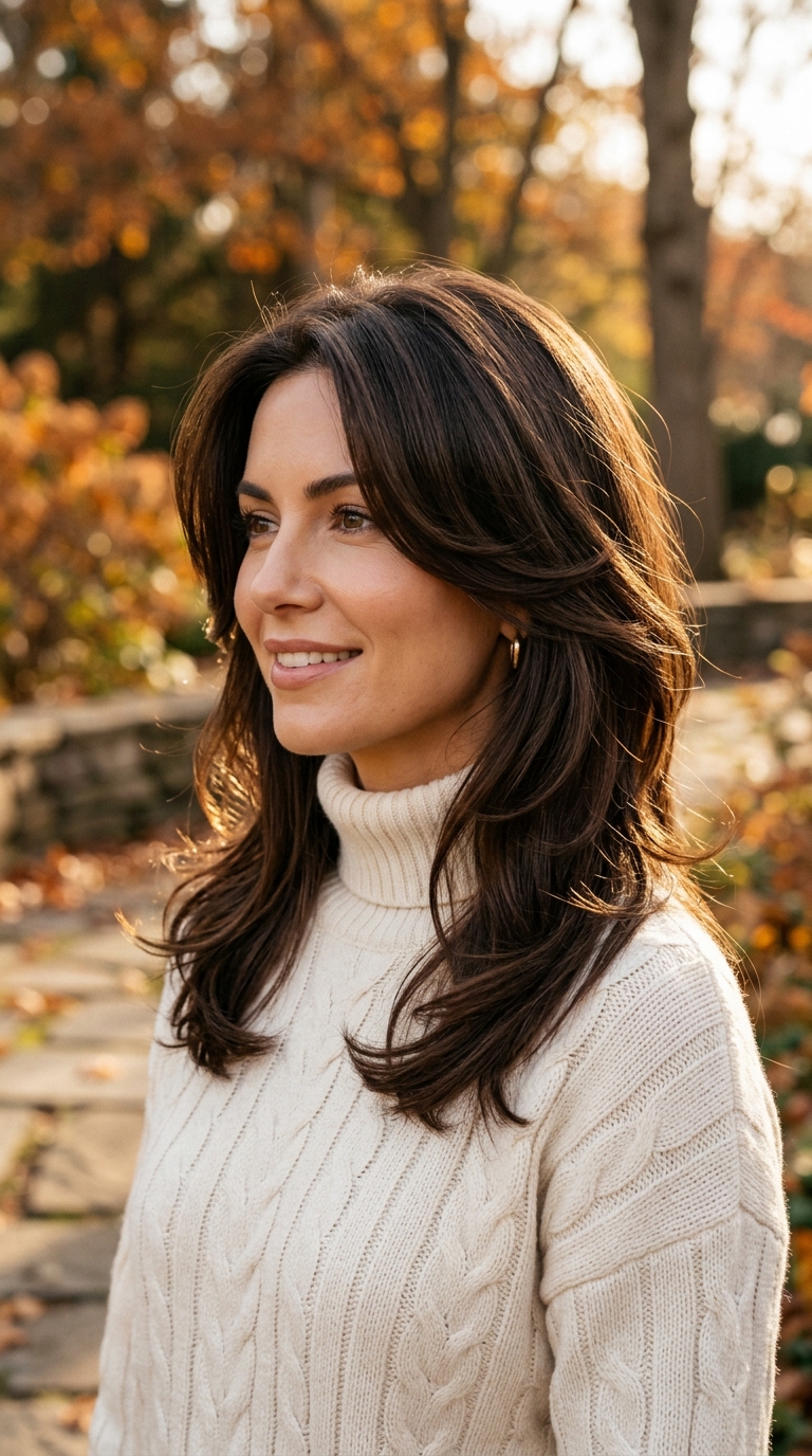 Fall Haircut for Square Face Medium Length: 8 Flattering Ideas 6 Medium-length layered haircut with long side-swept bangs for a square face.