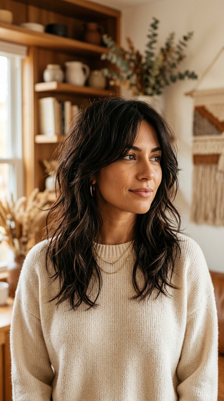 Fall Haircut for Square Face Medium Length: 8 Flattering Ideas 8 Medium-length wispy layered shag haircut with textured ends for a square face.