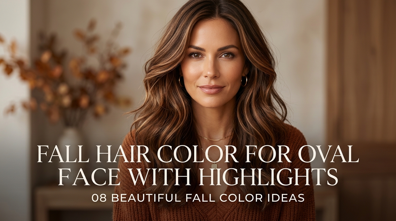 Fall hair color for oval face with highlights featuring eight warm caramel, honey, chestnut, copper, cinnamon, bronde, and auburn ideas.