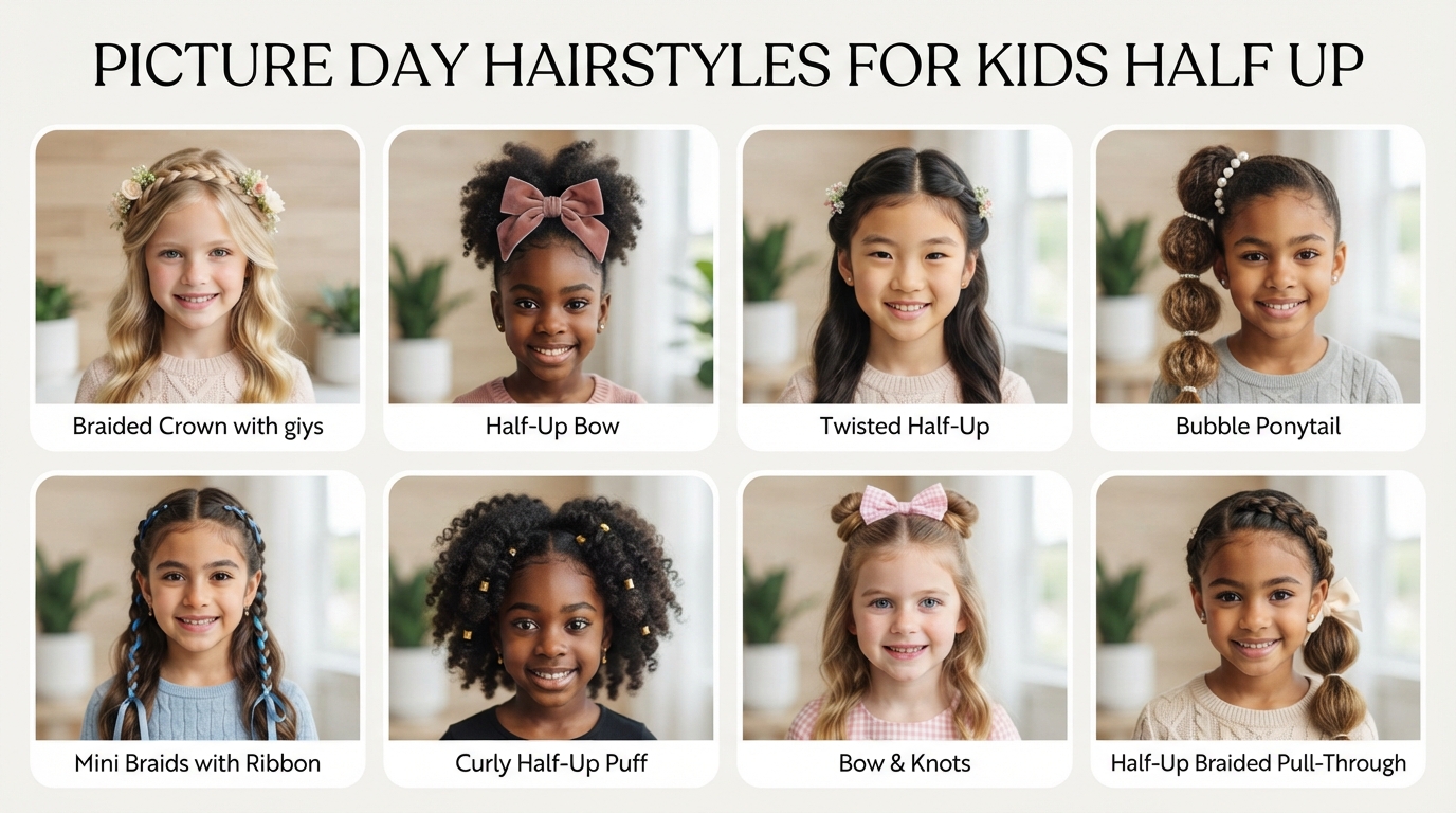 8 Picture Day Hairstyles for Kids Half Up 1 8 cute picture day hairstyles for kids half up including bows, braids, ribbons, curls, clips, bubble ponytails, and braided crowns.