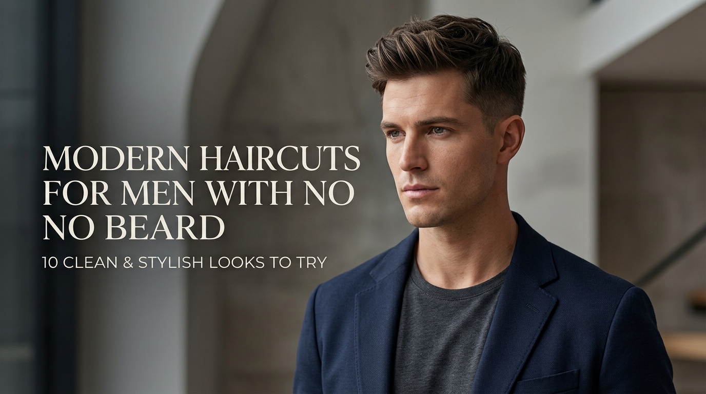 10 Modern Haircuts for Men With No Beard 1 Modern haircuts for men with no beard featuring textured crops, low taper fades, crew cuts, quiffs, side parts, French crops, messy styles, high fades, layered cuts, and slicked-back tapers.