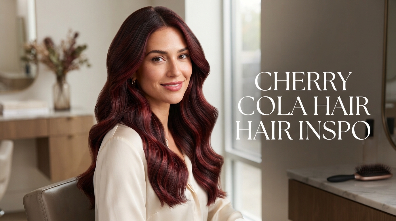 Cherry Cola Hair Inspo featuring rich cherry-red and brunette hair colors in waves, bobs, pixie cuts, face-framing pieces, and glossy layered styles.