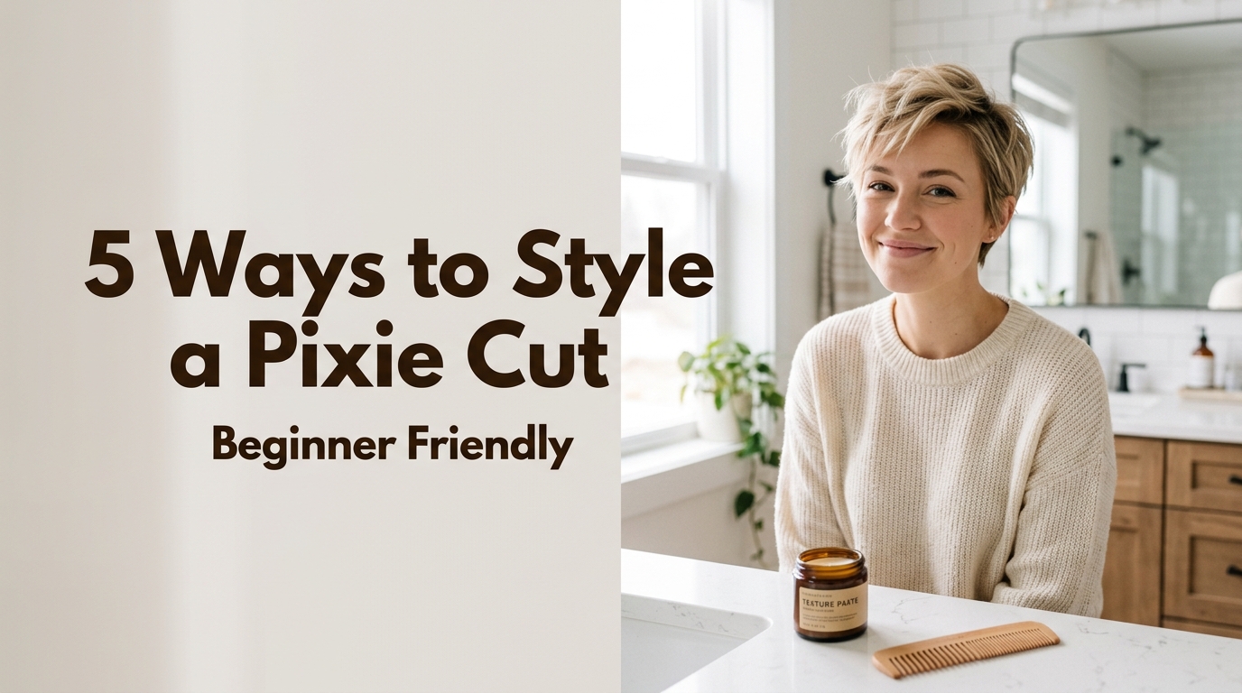 How to Style a Pixie Cut 5 Different Ways Even If You're a Beginner 15 How to style a pixie cut 5 different ways: woman with a textured pixie cut smiling in a bright bathroom beside styling paste and a comb