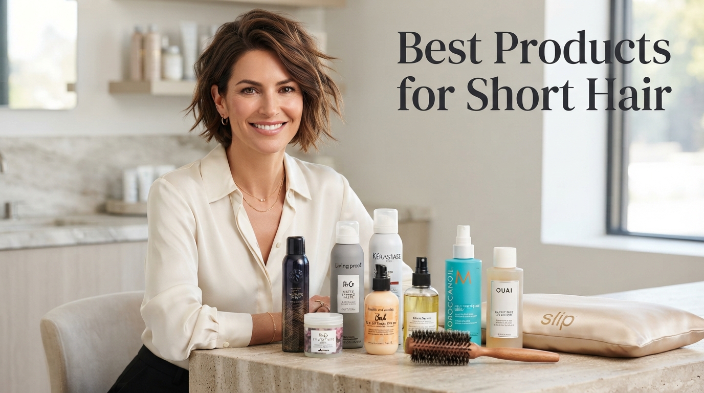 10 Best Products for Short Hair That Make Styling Easier 1 Best products for short hair including styling sprays, matte paste, dry shampoo, mousse, curl cream, serum, heat protectant, brush, and satin pillowcase