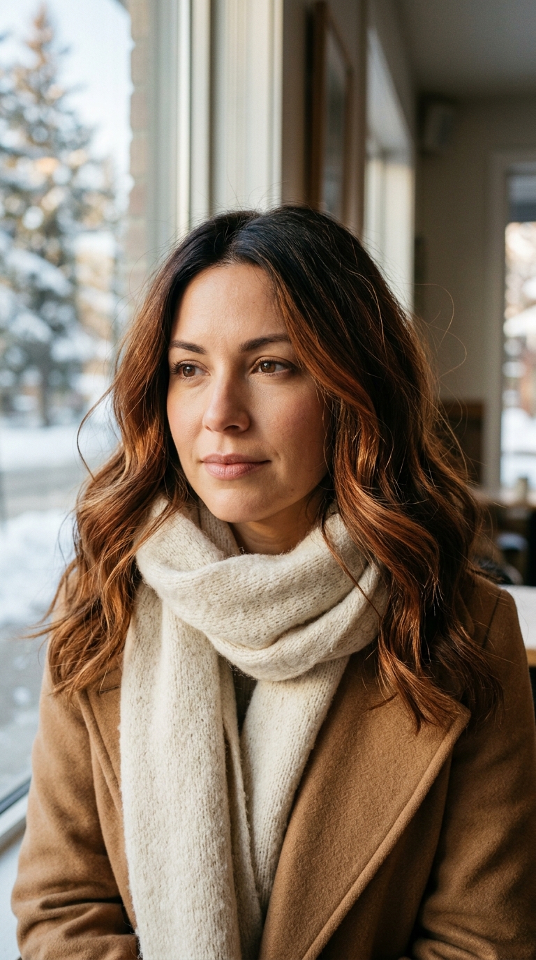 10 Dark Winter Hair Colors for Brunettes to Try 5 Brunette woman in winter coat 20261013211413