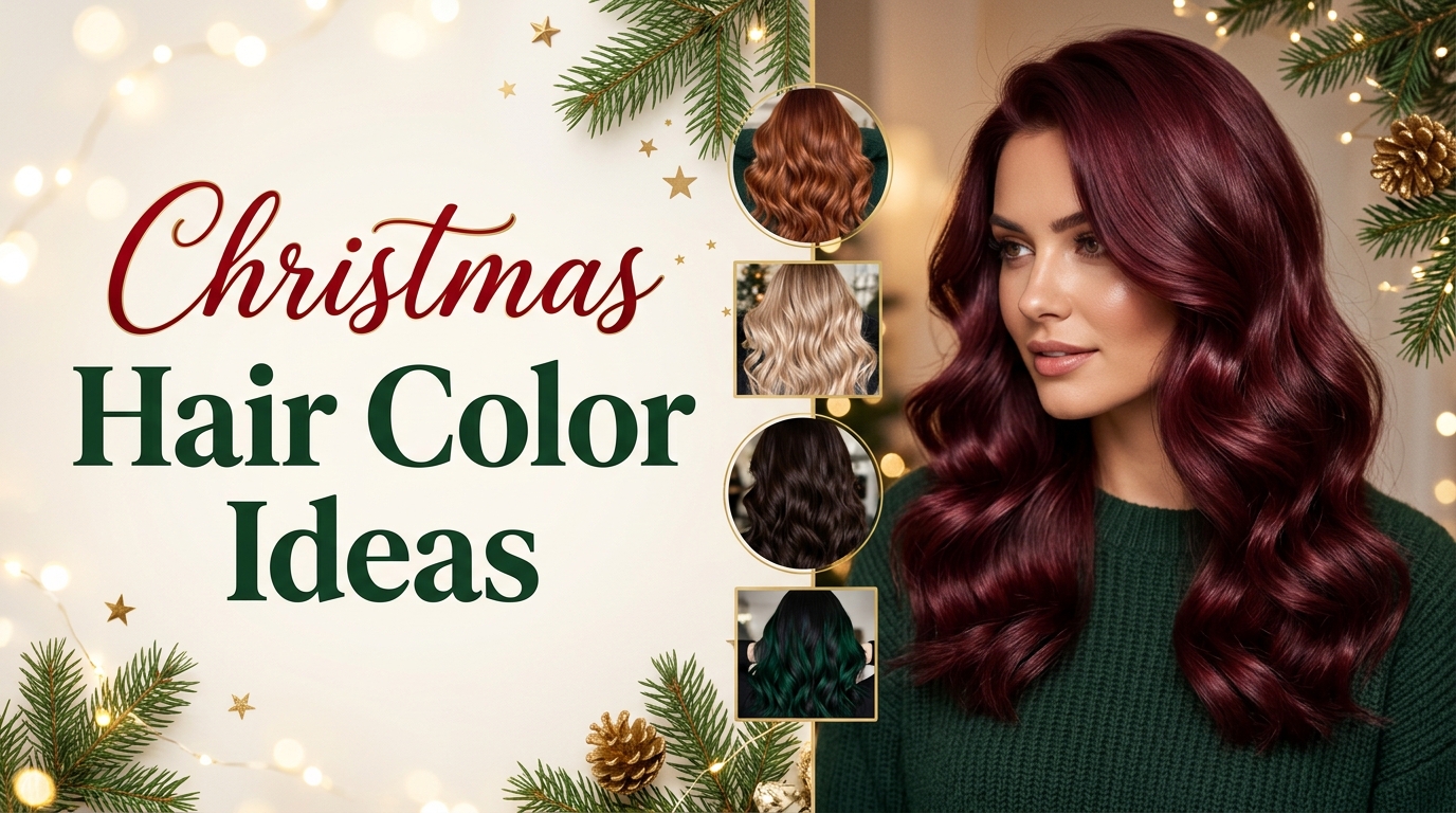 Christmas Hair Color Ideas: Cherry Red, Burgundy and More 1 Christmas hair color ideas featuring glossy burgundy hair, cherry-red tones, copper balayage, and festive seasonal color inspiration.
