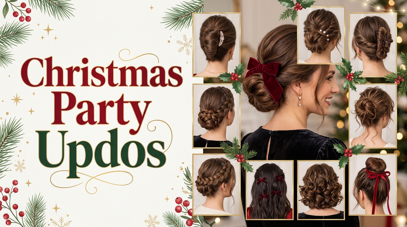 10 Christmas Party Updos for a Beautiful Holiday Look 1 Christmas party updos featuring a velvet bow low bun, French twist, pearl chignon, braided bun, and festive holiday hairstyles.
