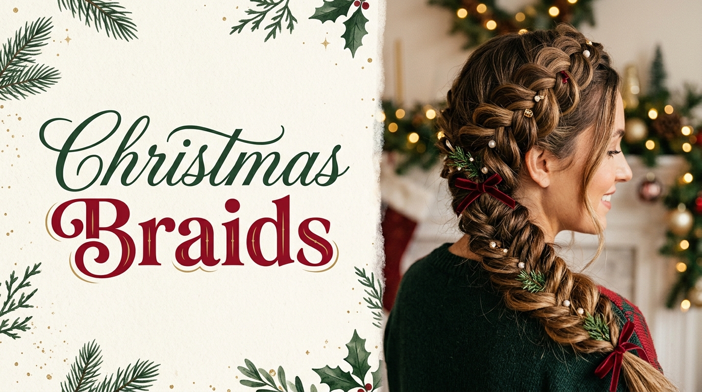 10 Christmas Braids to Try This Season (Easy to Fancy) 1 Christmas braids featuring a Dutch braid crown, festive ribbons, and elegant pearl hair accessories.
