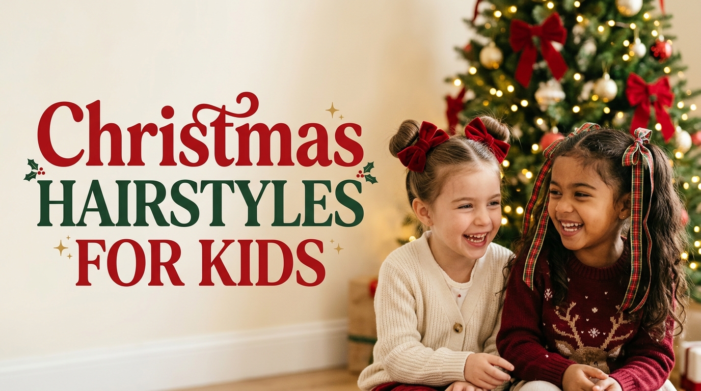 10 Christmas Hairstyles for Kids That Are Easy and Cute 1 Christmas hairstyles for kids featuring festive ribbon pigtails, velvet bow buns, and cute holiday hair accessories.