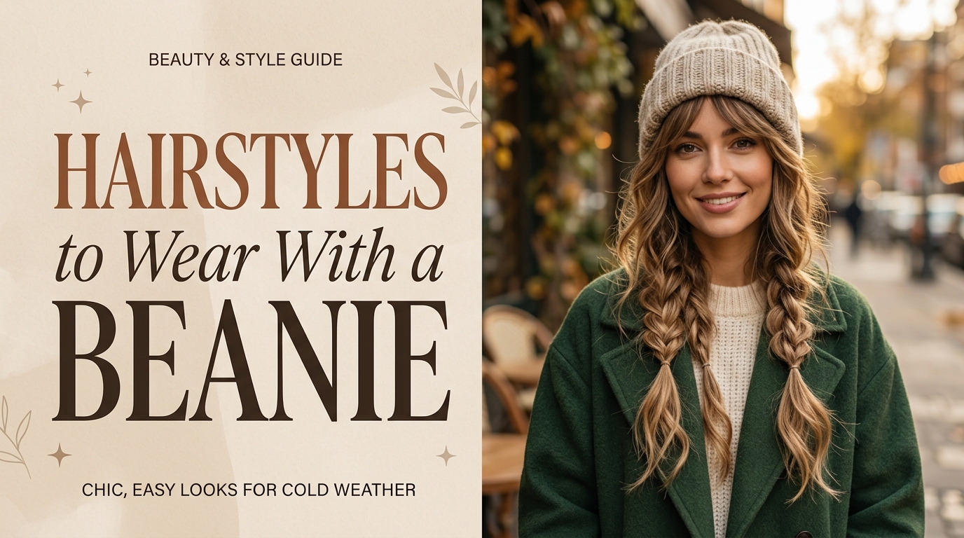 Hairstyles to Wear With a Beanie: 10 Easy Ideas 1 Hairstyles to wear with a beanie, featuring loose brunette waves and a cozy knitted winter hat.
