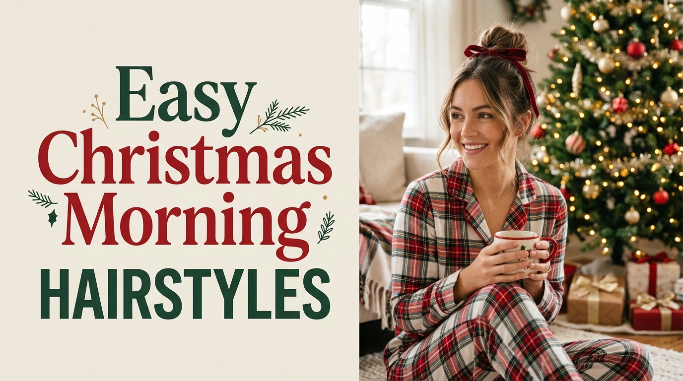 10 Easy Christmas Morning Hairstyles (Quick & Pretty) 1 Easy Christmas morning hairstyles featuring a relaxed messy top knot with soft face-framing strands and cozy festive pajamas.