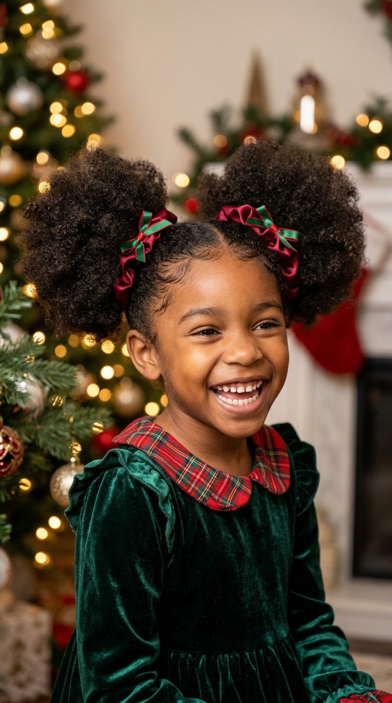 10 Christmas Hairstyles for Kids That Are Easy and Cute 9 Tie Curly Hair Into Two Soft Puffs With Satin Scrunchies