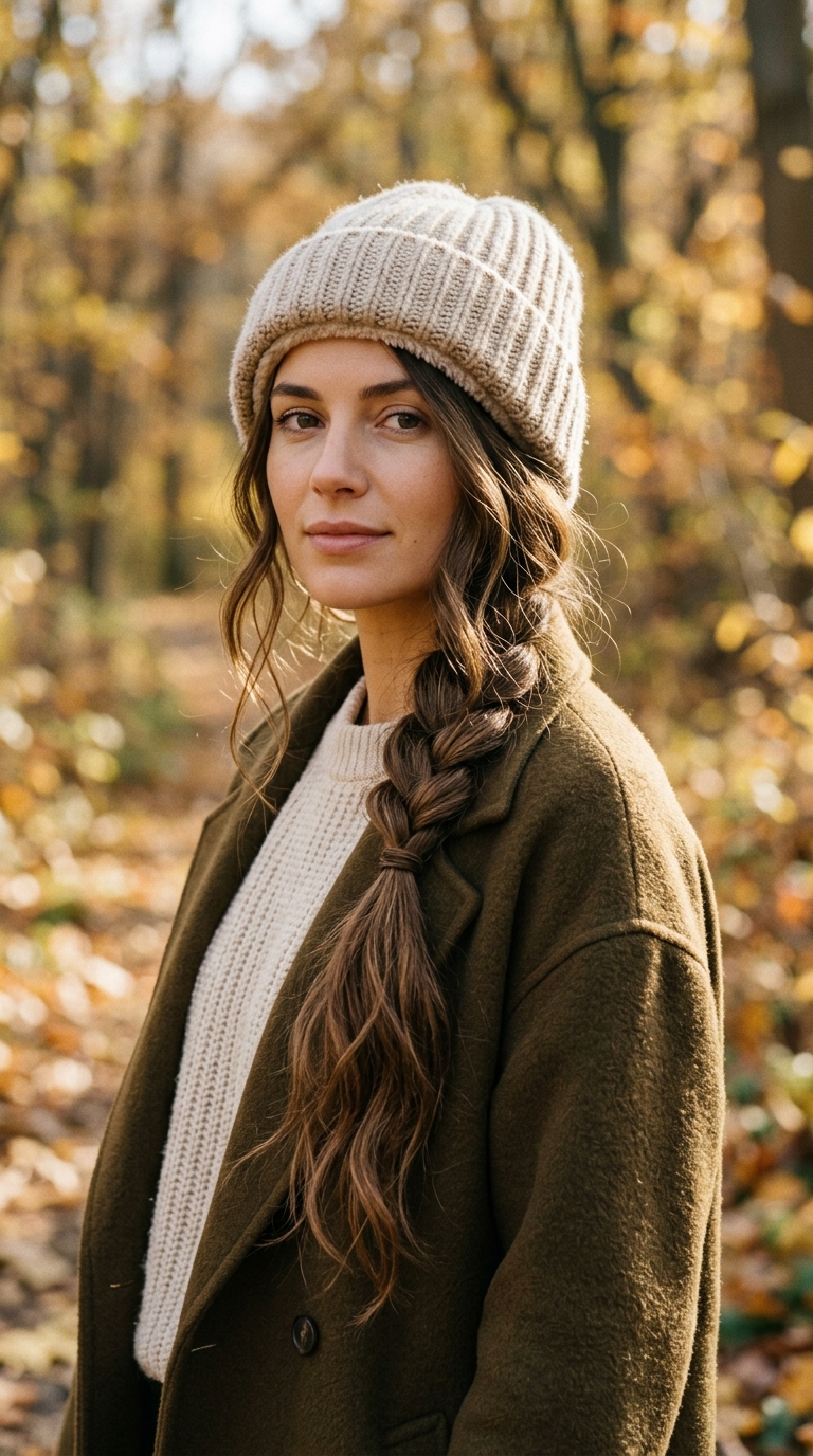 10 Fall Long Hair Ideas That Add Shape, Shine, and Warmth 9 Loose Side Braid With Beanie