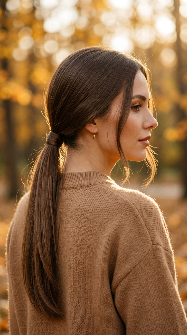 10 Fall Long Hair Ideas That Add Shape, Shine, and Warmth 6 Low Ponytail With Wrapped Base