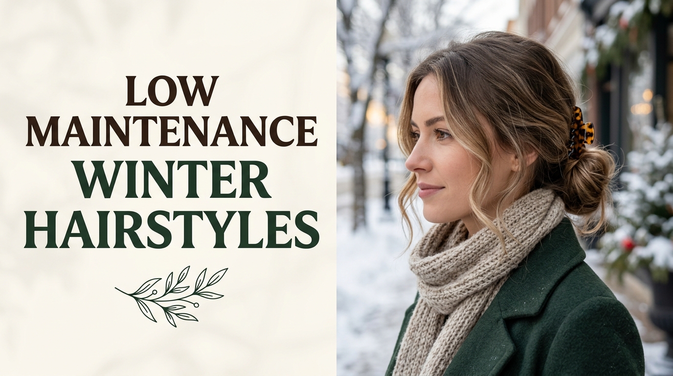 Low maintenance winter hairstyles featuring a scarf-friendly low bun and relaxed winter hair looks.