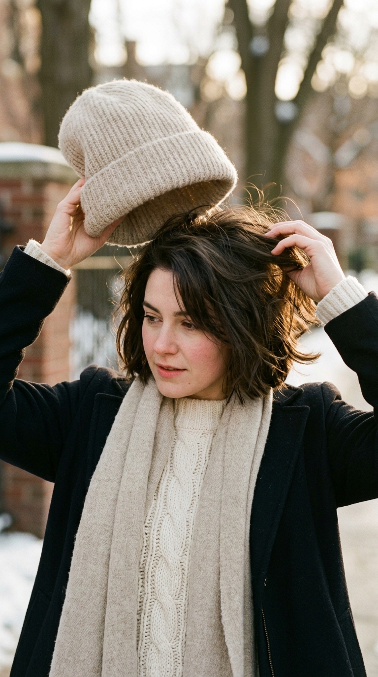 Woman adjusting winter beanie hair 20261013190020