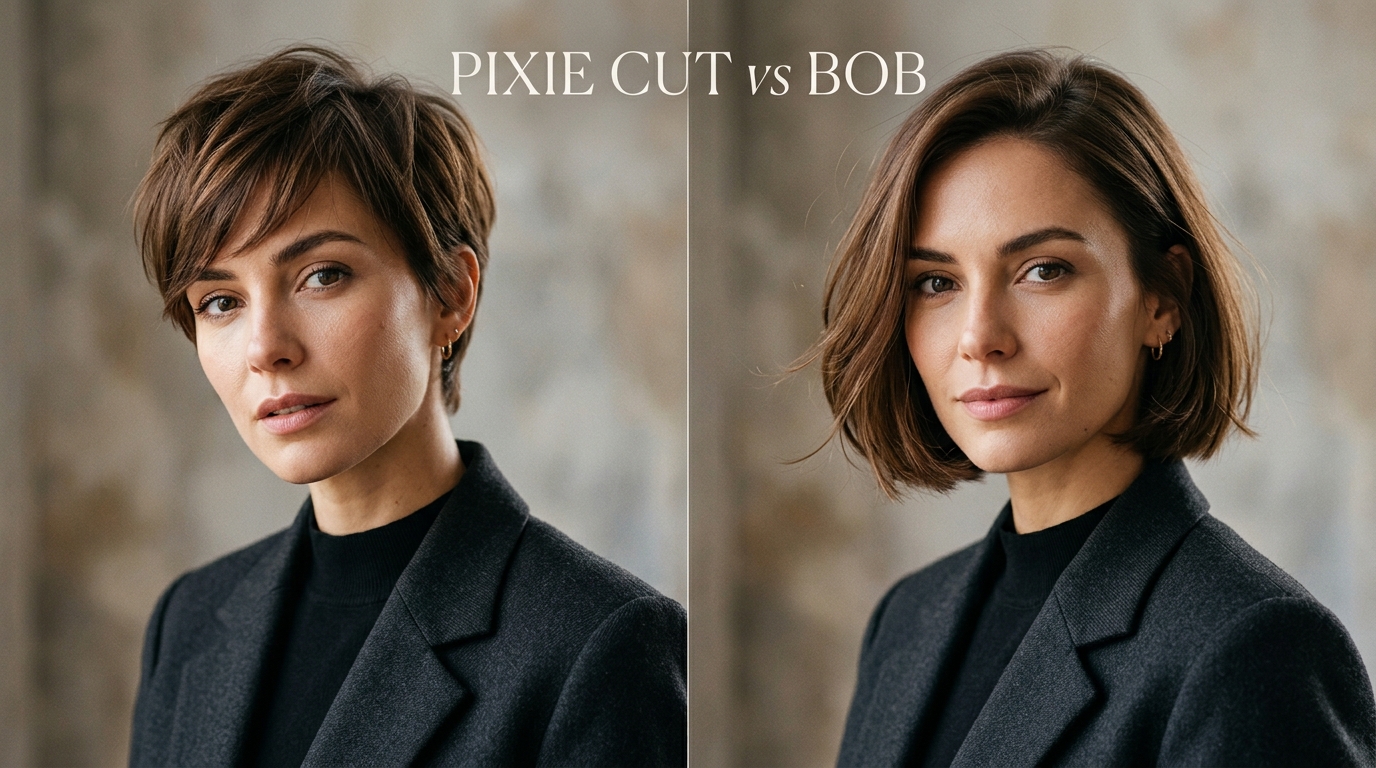Pixie Cut vs Bob comparison showing a textured pixie and polished chin-length bob