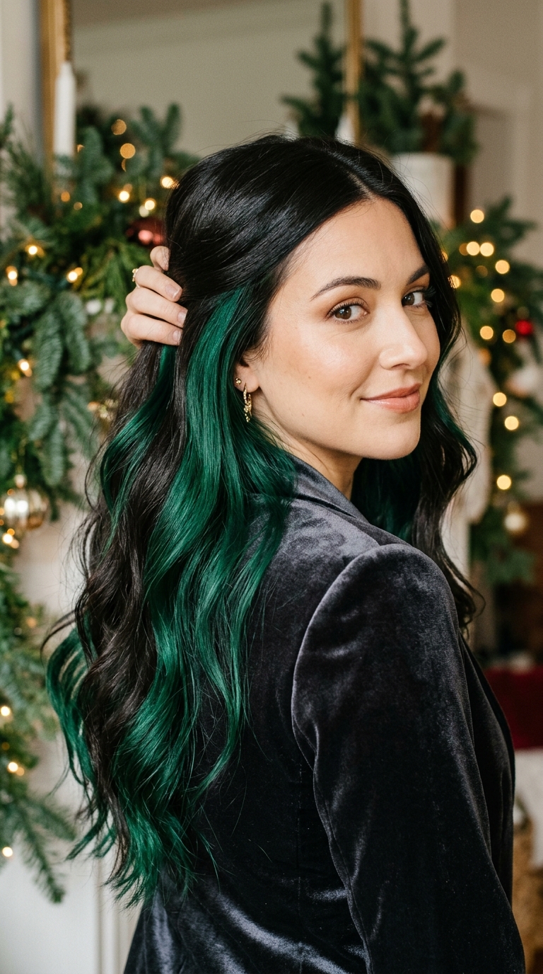 Christmas Hair Color Ideas: Cherry Red, Burgundy and More 7 Emerald Green Peekaboo