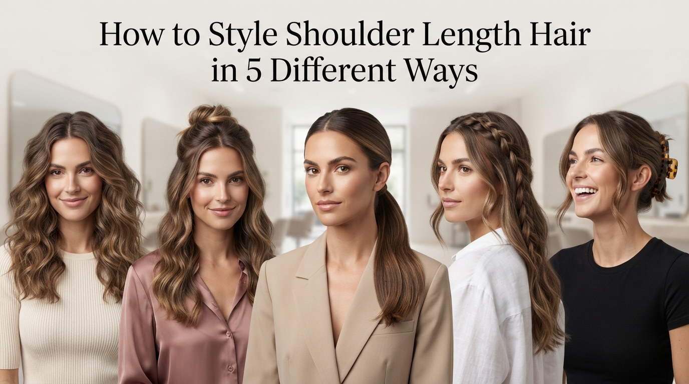 How to Style Shoulder Length Hair in 5 Different Ways 1 How to style shoulder length hair in 5 different ways with beach waves, half-up knot, sleek ponytail, side braid, and claw clip twist