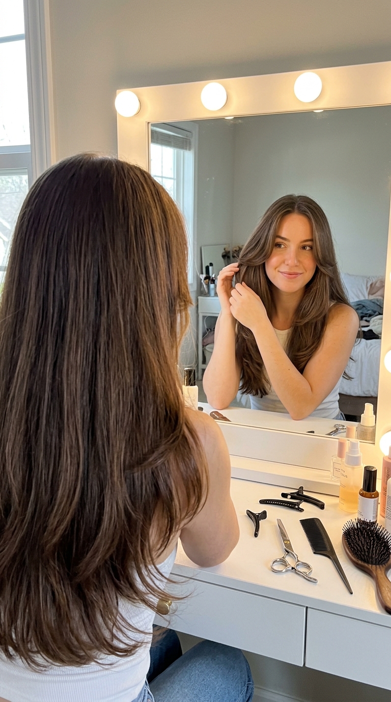Woman smiling checking mirror 20261009171212