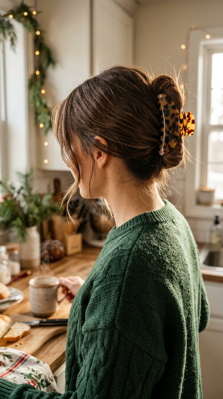 10 Easy Christmas Morning Hairstyles (Quick & Pretty) 4 Claw clip twist hairstyle on brown hair while cooking breakfast