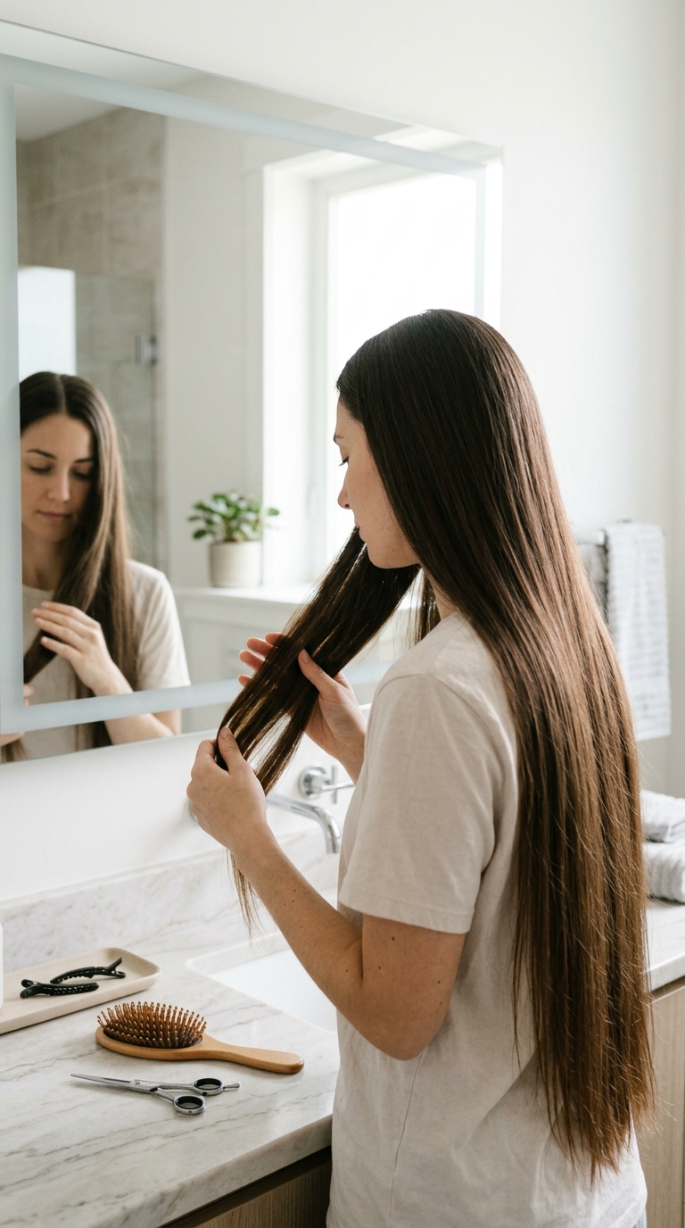 Woman trimming long brunette hair 20261009170817