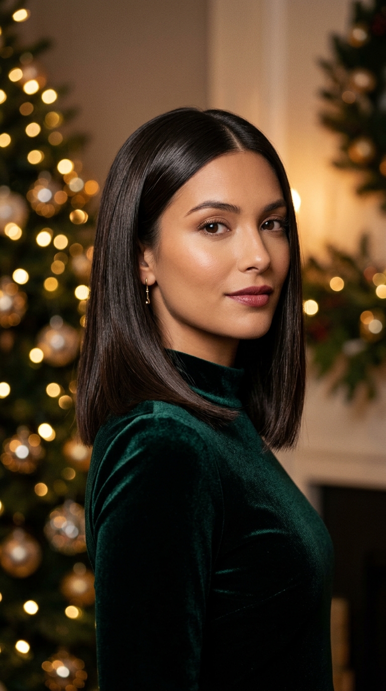 10 Christmas Hairstyles for Women (Easy Festive Ideas) 8 Sleek blunt collarbone lob with mirror shine on dark brown hair