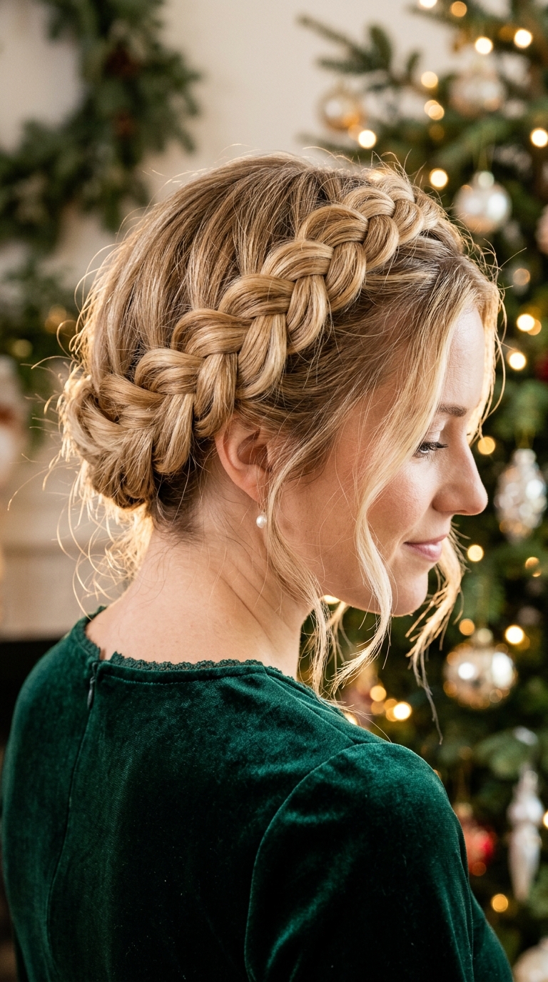 10 Christmas Hairstyles for Women (Easy Festive Ideas) 7 Braided crown hairstyle with pinned Dutch braids on long blonde hair