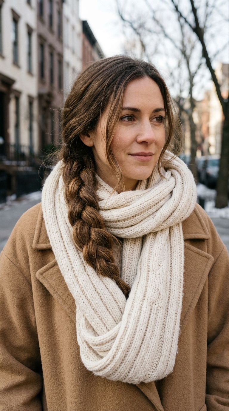 Cozy Winter Braids: 10 Beautiful Cold-Weather Styles 3 Woman wearing brunette braid scarf 20261013214627
