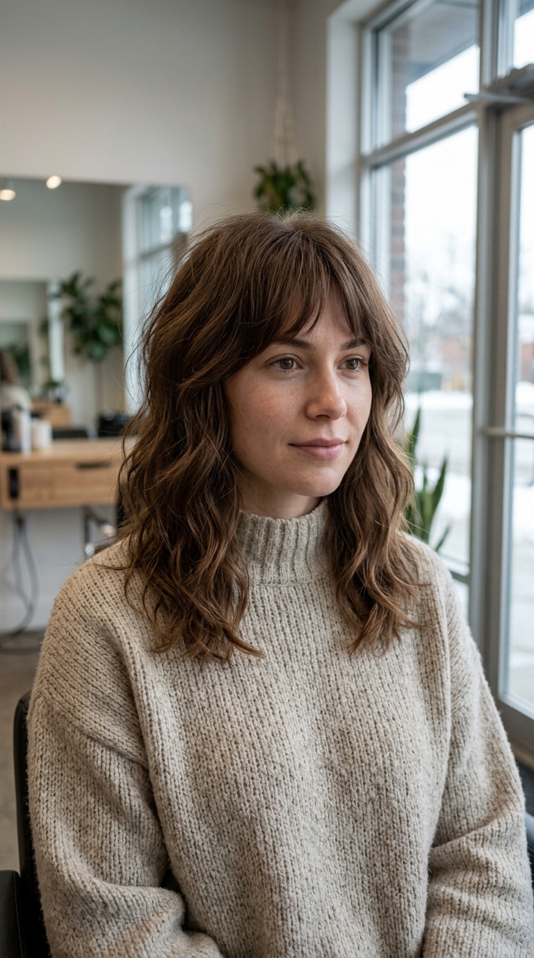 10 Winter Haircuts for Thin Hair That Look Fuller 8 Woman wearing cozy knit sweater 20261015235425