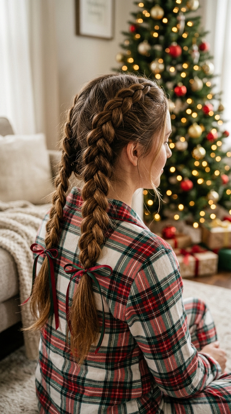 10 Easy Christmas Morning Hairstyles (Quick & Pretty) 3 Two loose Dutch braids tied with green ribbon on long hair