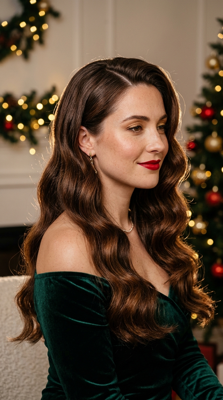 10 Christmas Hairstyles for Women (Easy Festive Ideas) 2 Woman with long glossy Hollywood waves and deep side part at Christmas party