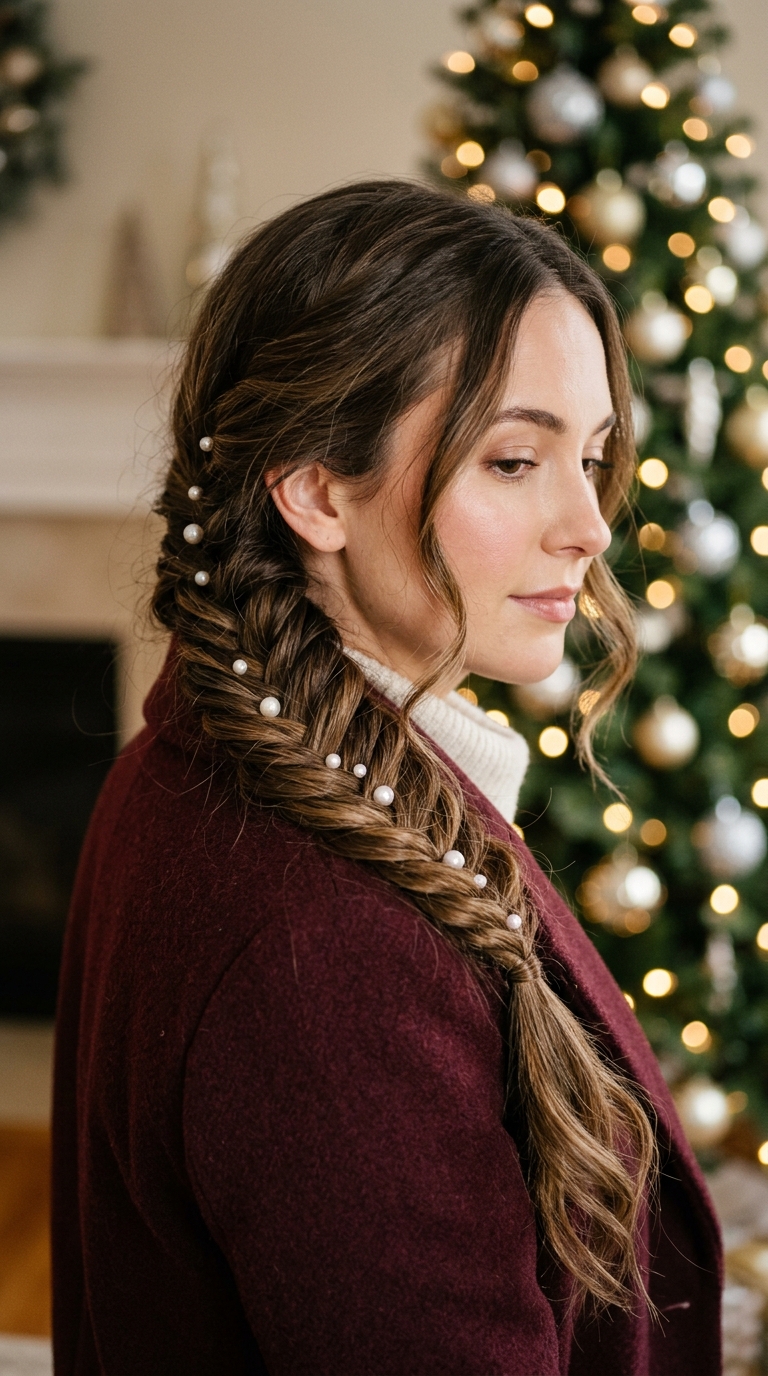 10 Christmas Braids to Try This Season (Easy to Fancy) 3 Loose Fishtail Side Braid with Pearl Pins