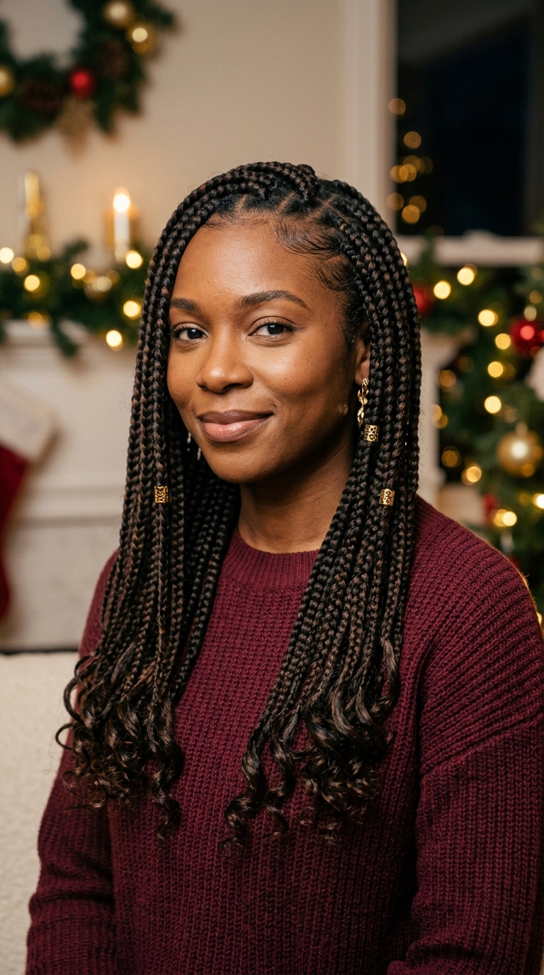 10 Christmas Braids to Try This Season (Easy to Fancy) 8 Knotless Box Braids with Gold Cuffs