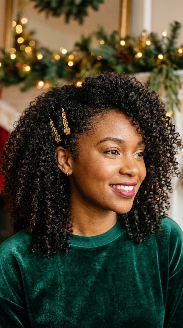 10 Christmas Hairstyles for Women (Easy Festive Ideas) 10 Defined spiral curls pinned with two small gold clips on one side