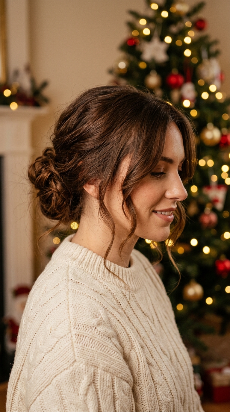 10 Easy Christmas Morning Hairstyles (Quick & Pretty) 5 Low messy bun with soft face-framing strands for family photos