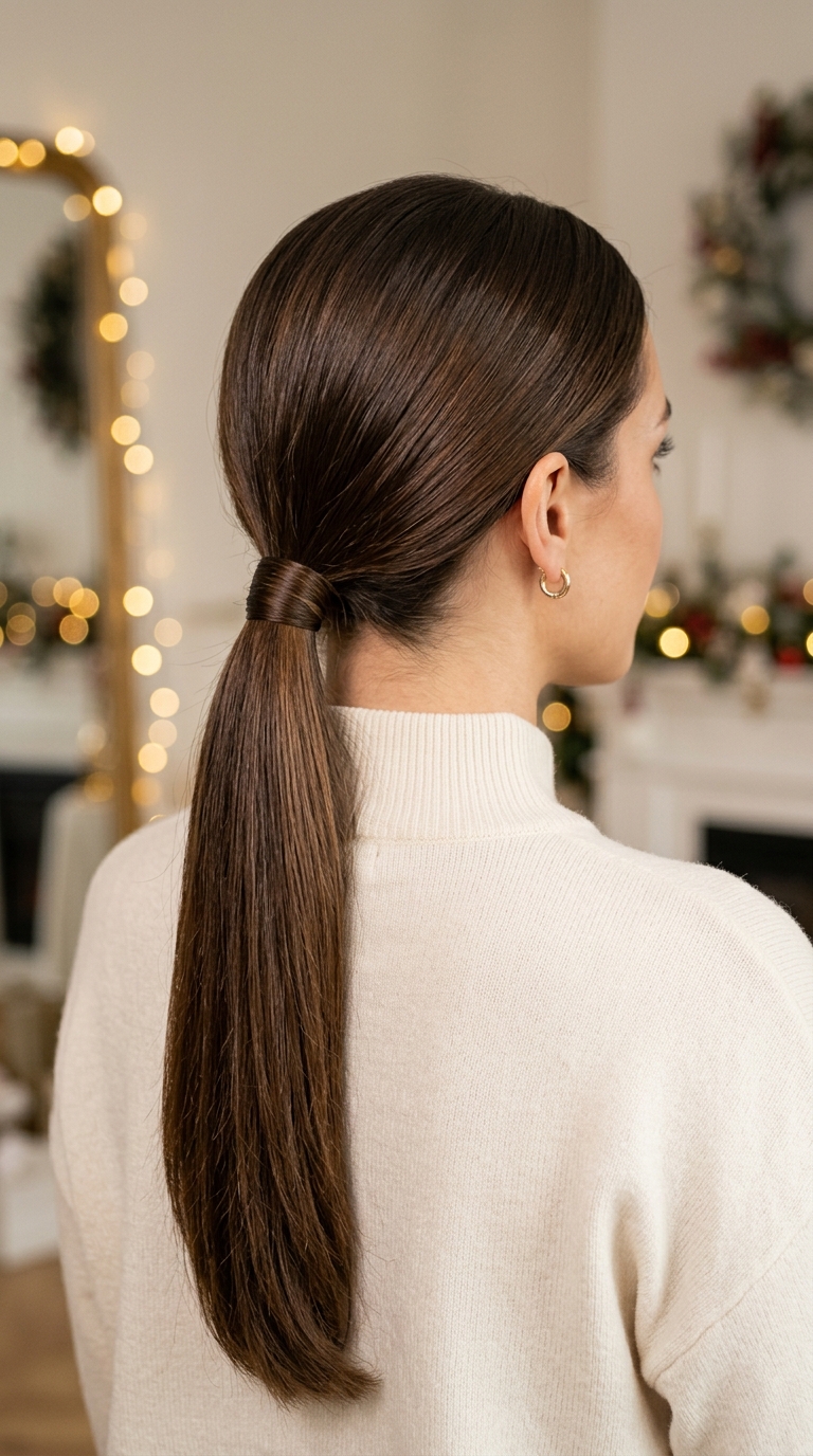 10 Easy Christmas Morning Hairstyles (Quick & Pretty) 8 Low wrapped ponytail with hidden elastic on smooth dark hair
