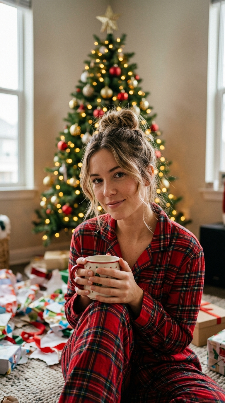 10 Easy Christmas Morning Hairstyles (Quick & Pretty) 2 Woman in red pajamas with a messy top knot and loose strands